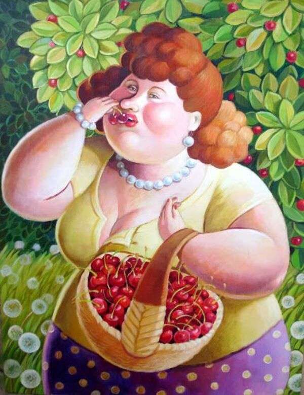 Señora muy elegante comiendo cerezas rompecabezas en línea