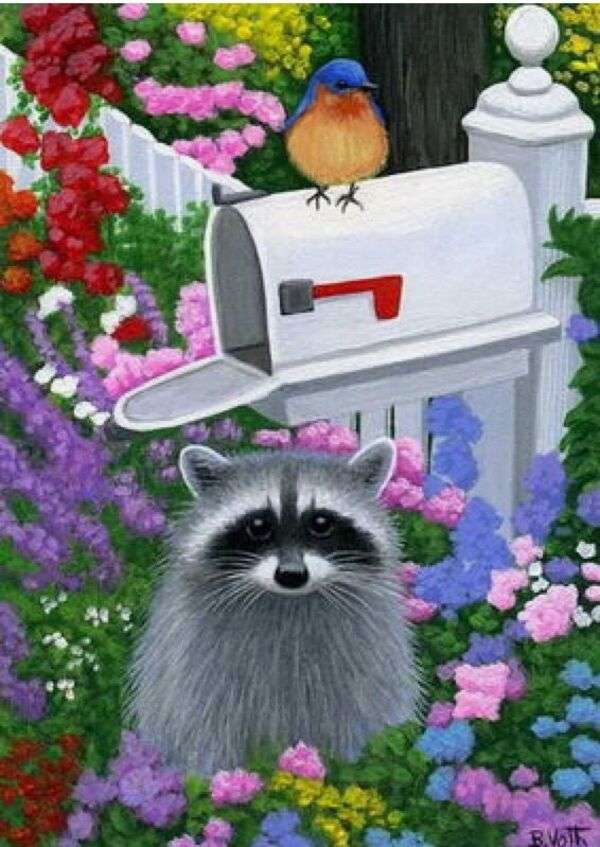 A cute little raccoon among flowers online puzzle