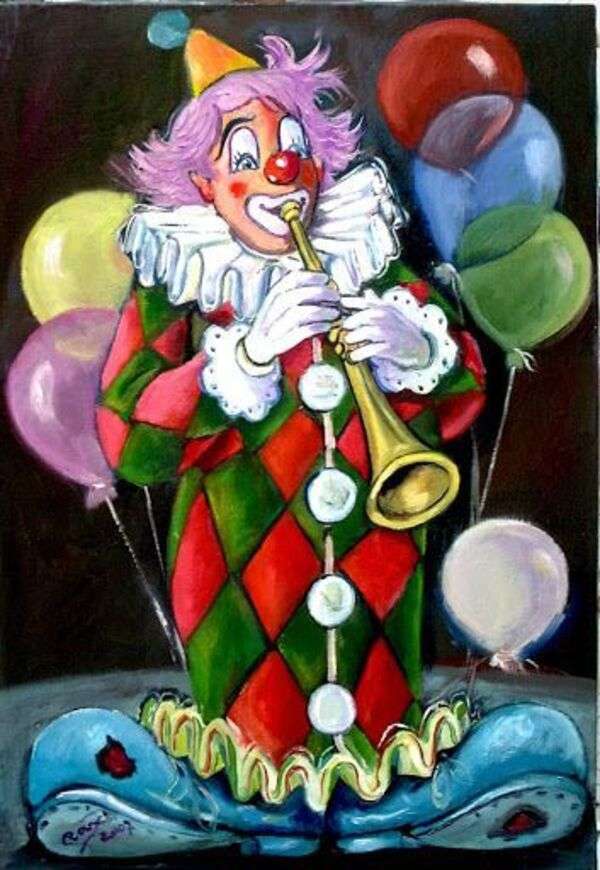 Маленький клоун играет на трубе и много воздушных шаров пазл онлайн