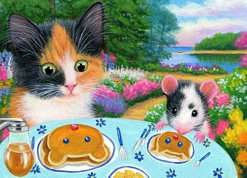 Kätzchen und Maus beeindruckt vom Pfannkuchen Puzzlespiel online