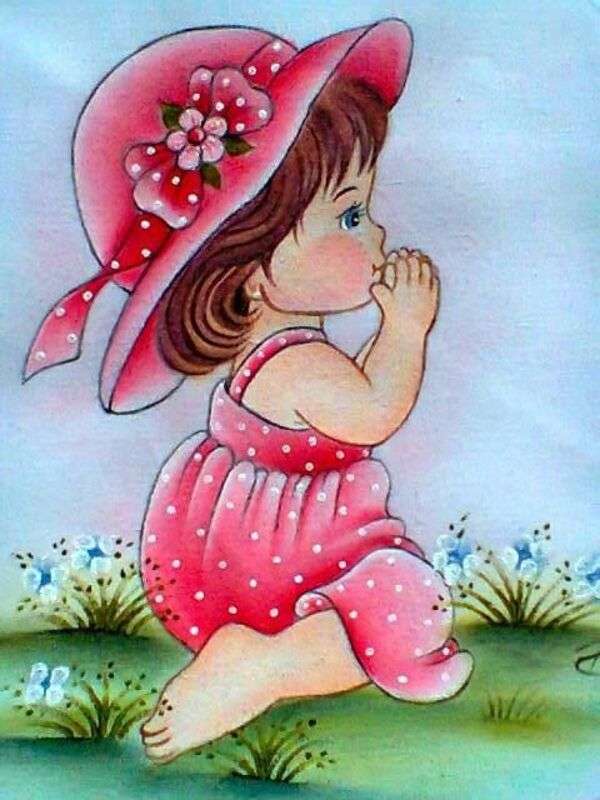 Маленька дитина, одягнений у рожевий молиться онлайн пазл