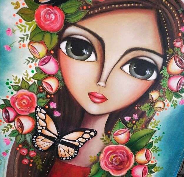 Кокетливая девушка с розами и бабочками пазл онлайн