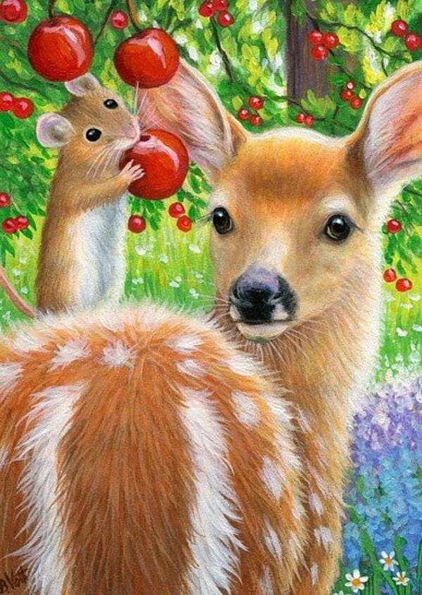 Малката мишка яде ябълки с Бамби до него онлайн пъзел