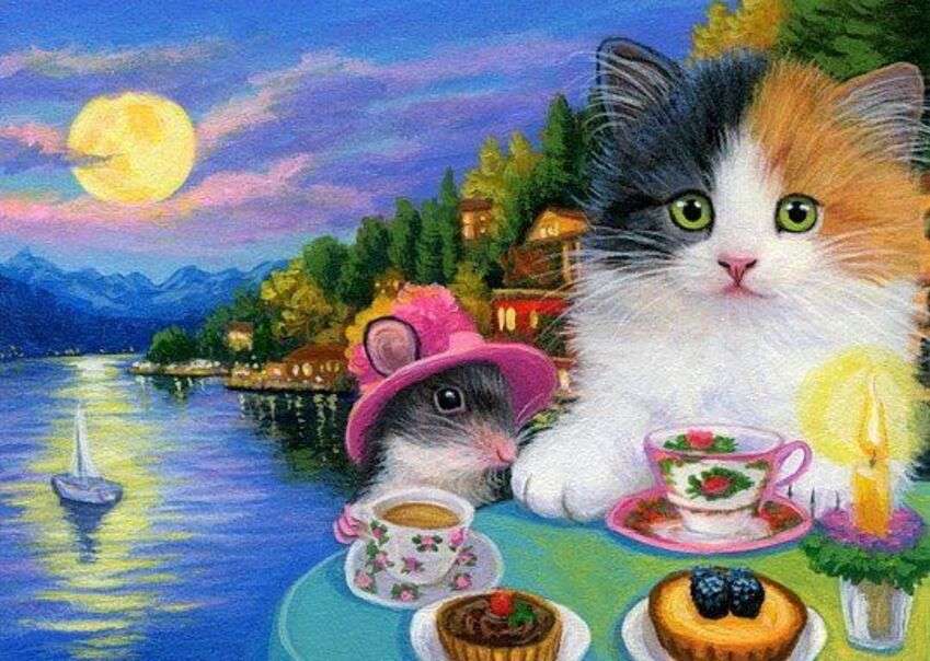 Kattunge och mus dricker kaffe vid sjön Pussel online