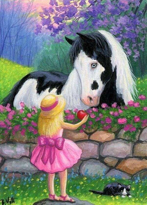 Micul cal simpatizează cu o fetiță frumoasă puzzle online