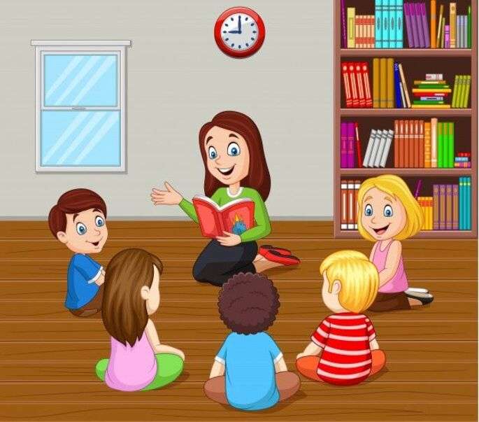Le professeur de jardin d'enfants lit l'histoire aux petits enfants puzzle en ligne