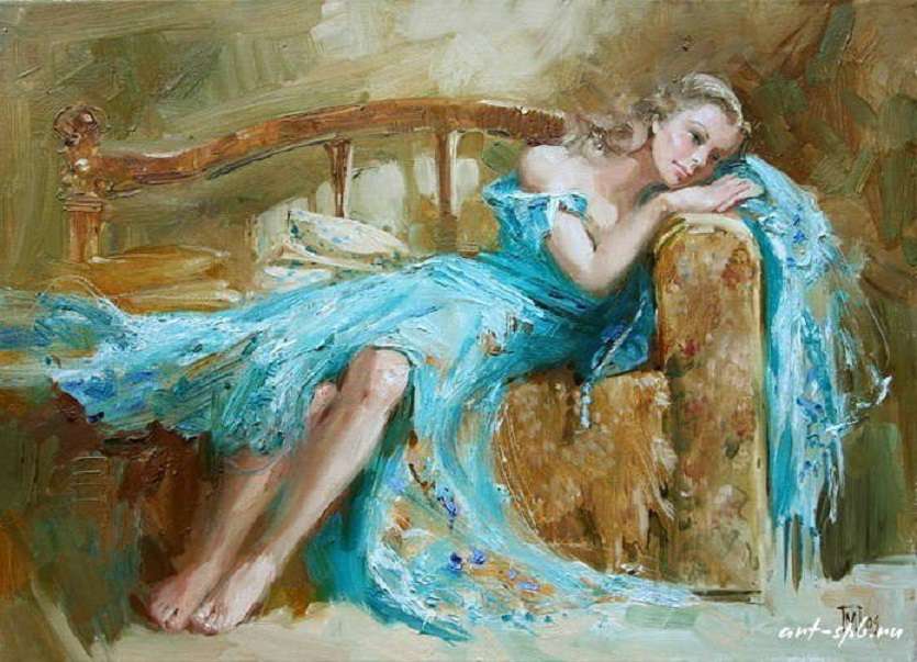 Alanguie et rêveuse dans sa robe bleue puzzle en ligne