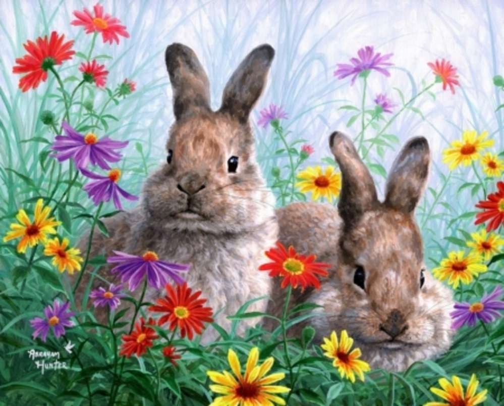 två kaniner bland blommor Pussel online