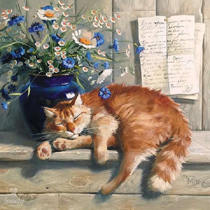 Дрема на джинджифиловата котка в сянката на синята ваза онлайн пъзел