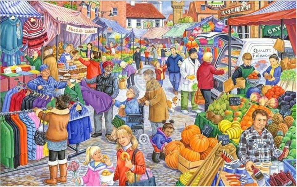 Menschen beim Einkaufen auf dem Flohmarkt Puzzlespiel online