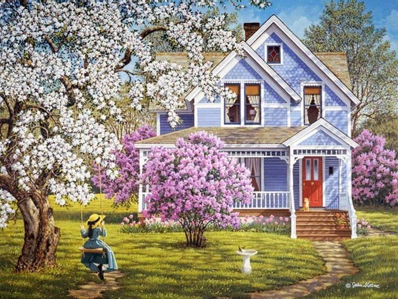 春の木々のある美しい家 オンラインパズル