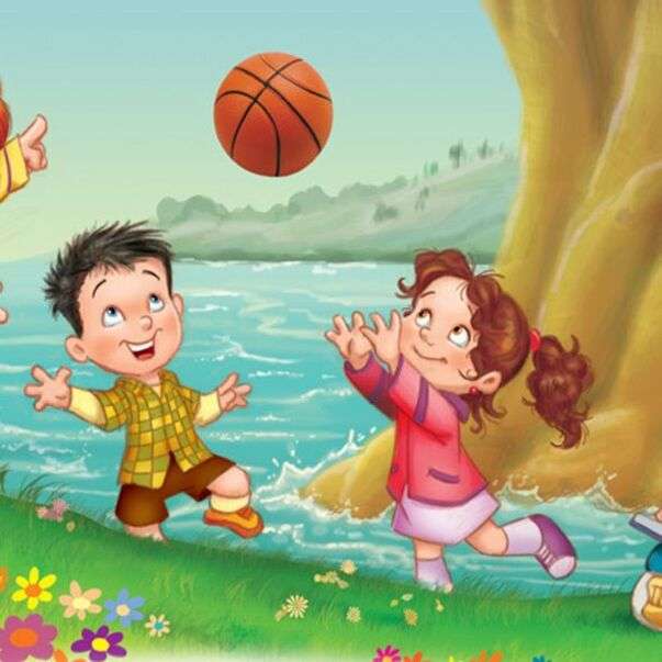 Kinderen spelen een bal bij het meer legpuzzel online
