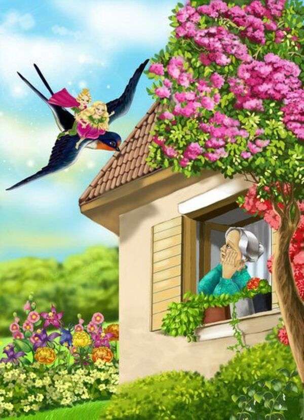 Förvånad dam som tittar på fågeln genom fönstret Pussel online
