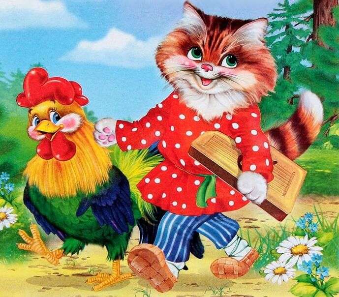 Coq et chaton marchent ensemble en souriant puzzle en ligne