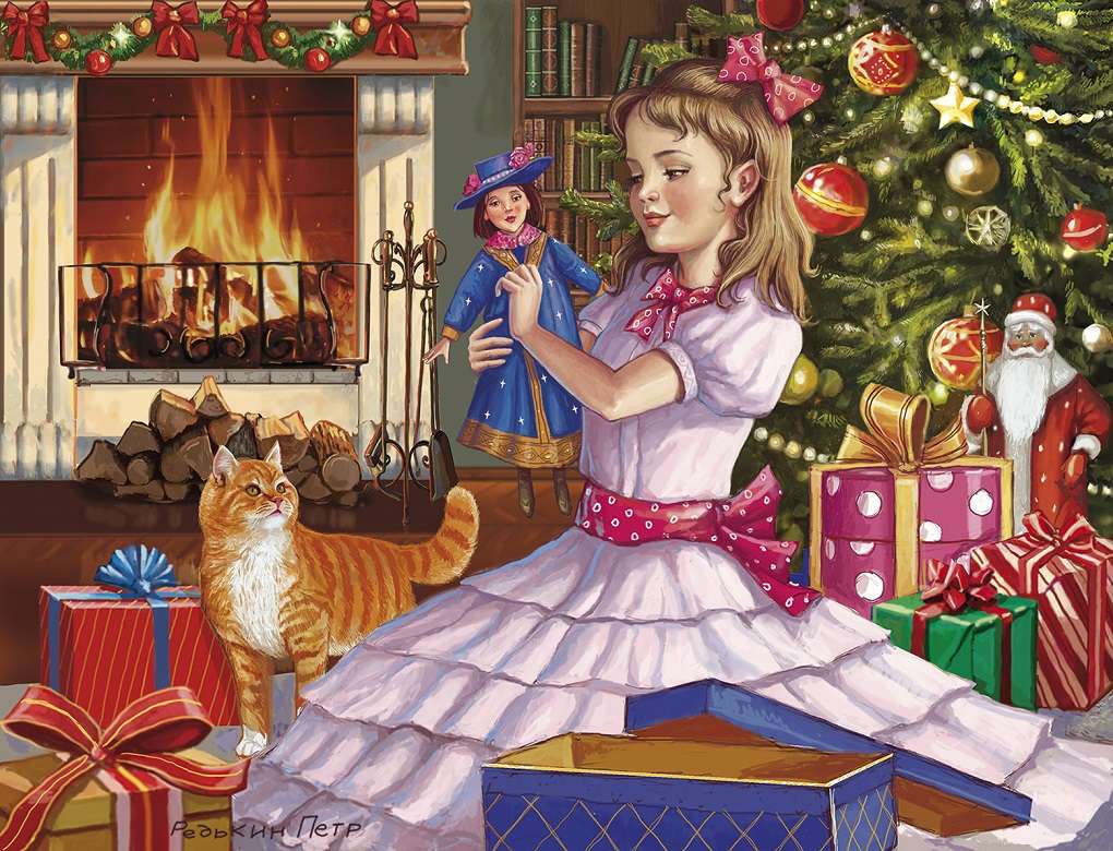 fată care deschide cadourile de Crăciun jigsaw puzzle online