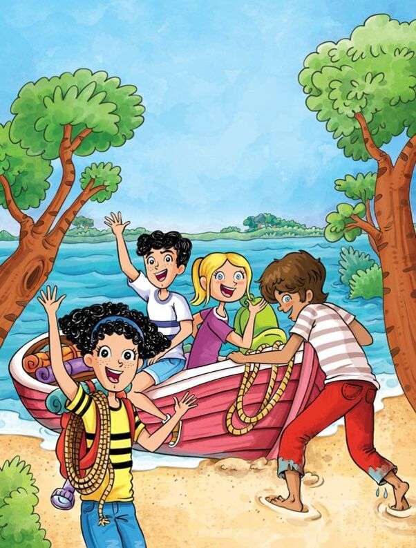Groupe de petits amis prêts pour une promenade en bateau puzzle en ligne