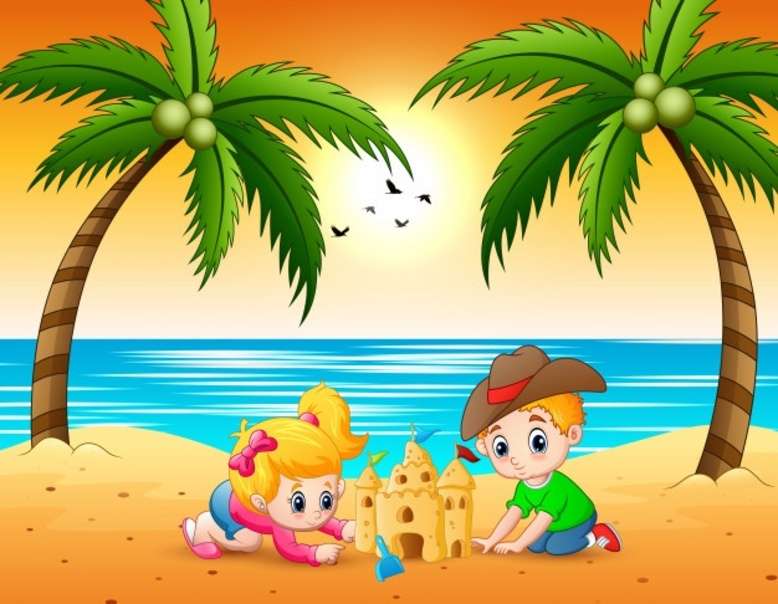 Маленькие мальчики строят замок из песка на пляже пазл онлайн