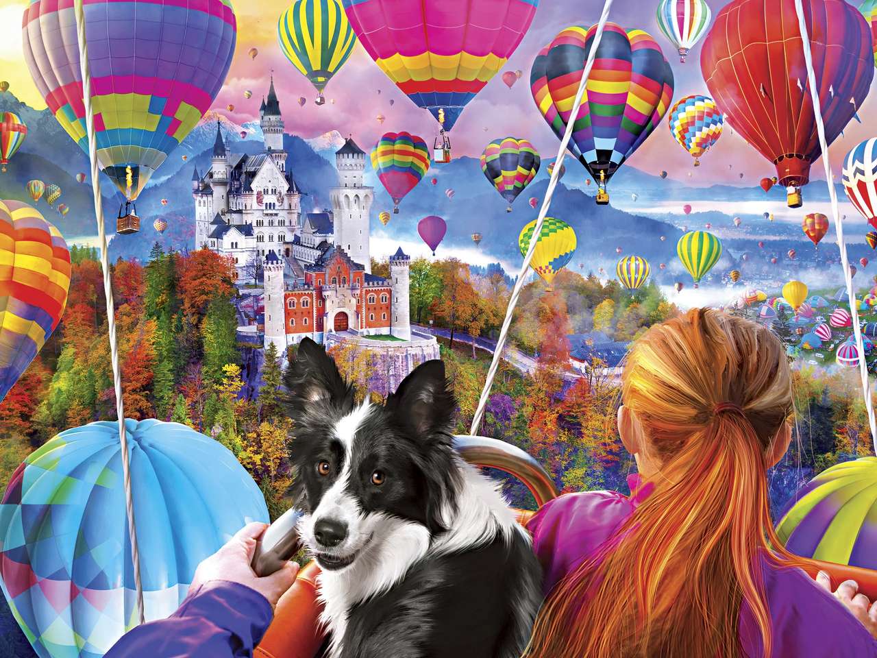 момиче с кученце, гледащо балони онлайн пъзел