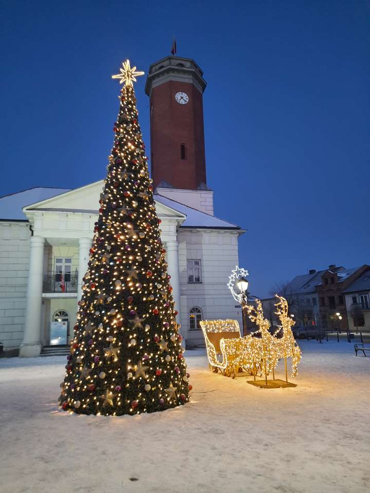 Weihnachtsbaum vor dem Rathaus in Koło Online-Puzzle