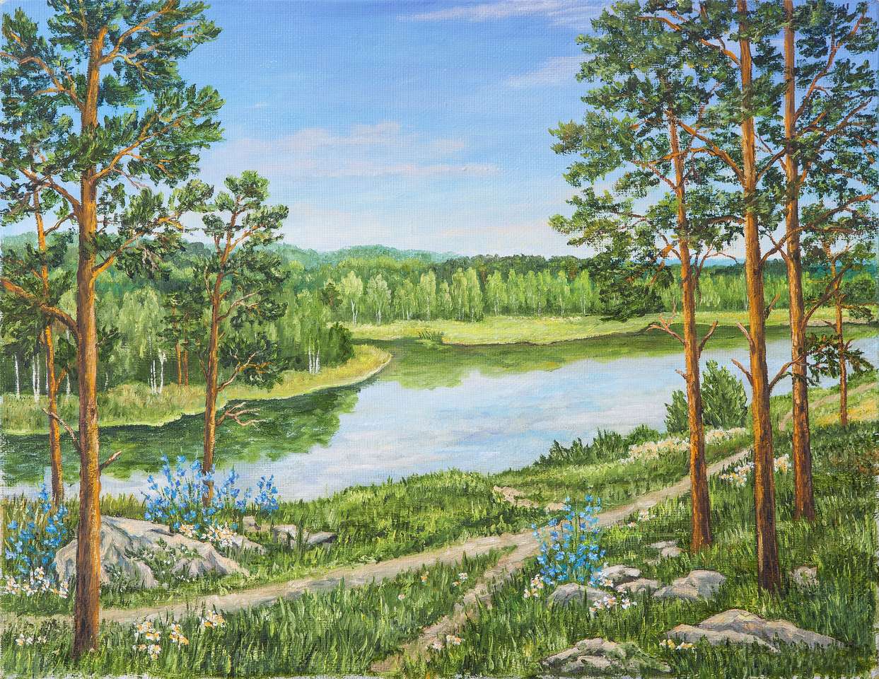 Green forest near river jigsaw puzzle online