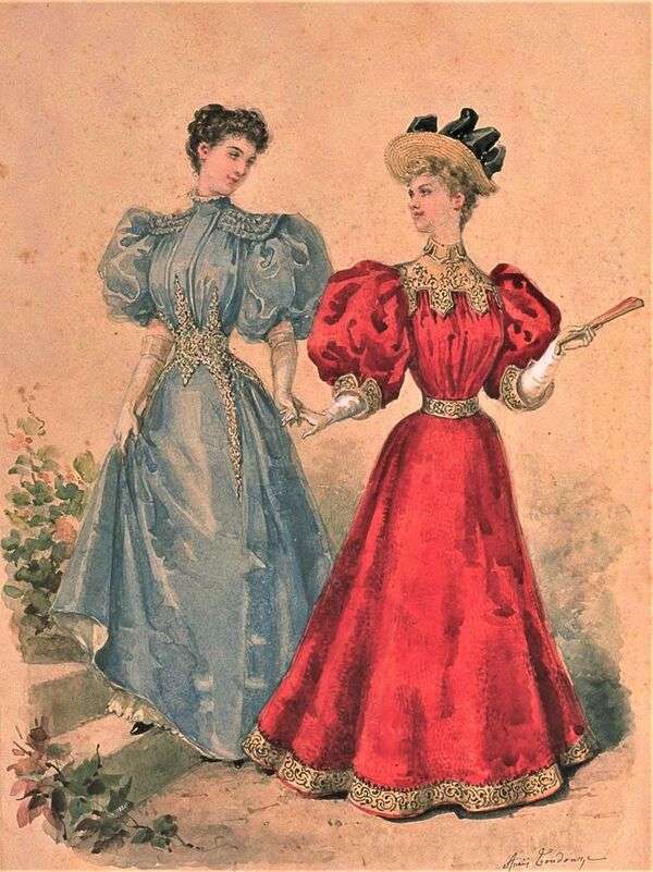 Mycket eleganta damer med klänningar år 1895 pussel på nätet