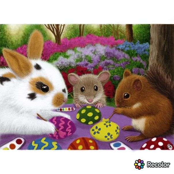 Катерици и зайчета боядисват яйца онлайн пъзел
