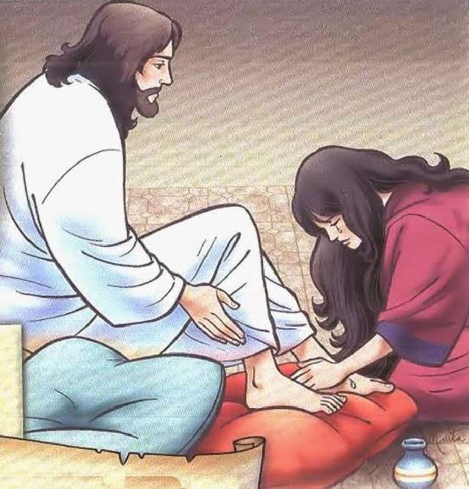 María lava los pies de Jesús rompecabezas en línea