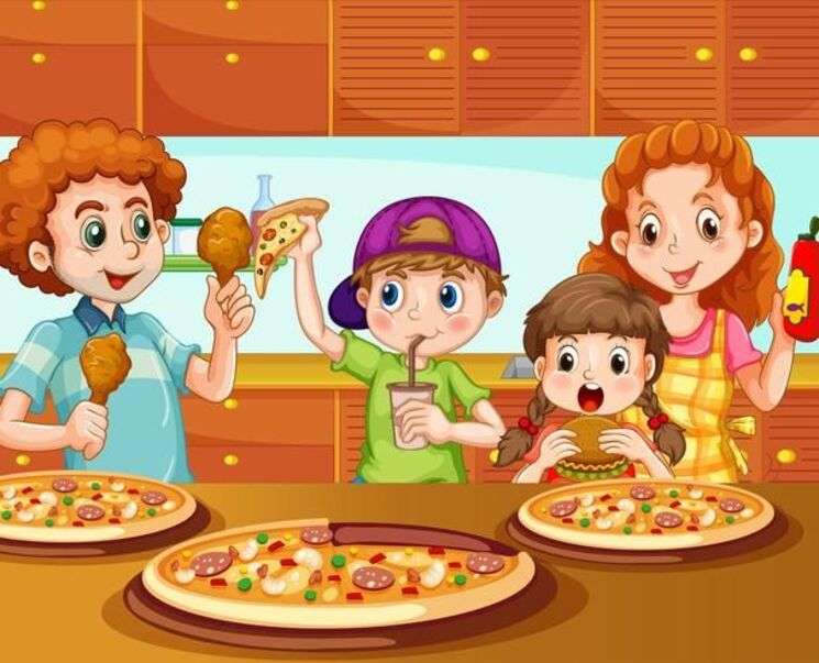 Familia reunida comiendo pizza rompecabezas en línea
