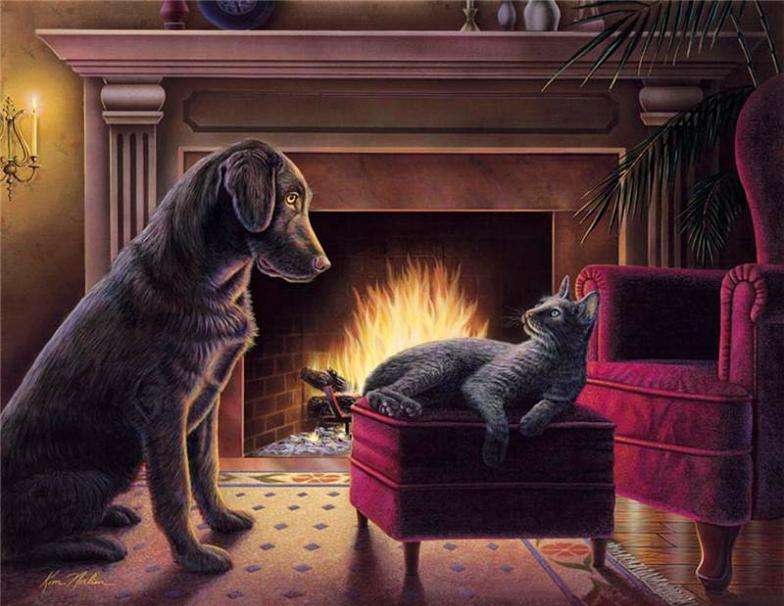 dog and cat in front of fireplace online puzzle