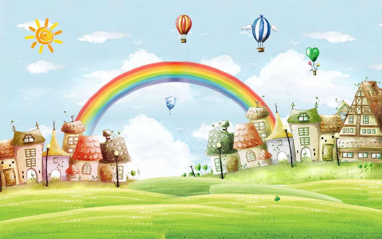 gemalte stadt, regenbogen und luftballons Puzzlespiel online