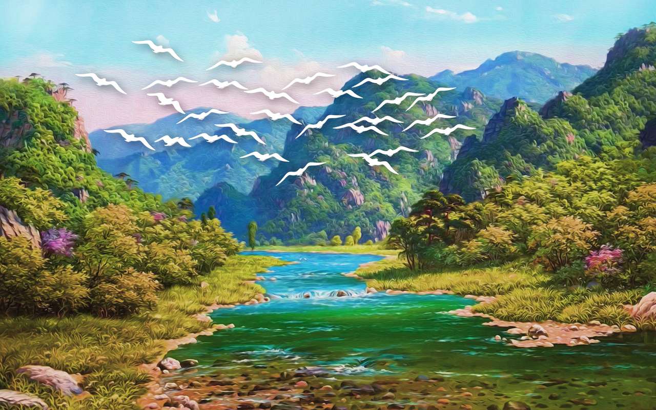 планини, гора, река, ято бели птици онлайн пъзел