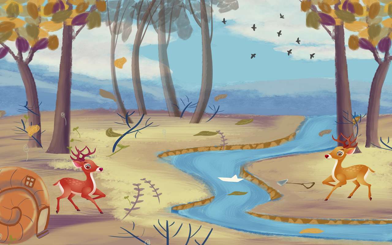 Нарисованный лес, ручей, два оленя на поляне онлайн-пазл
