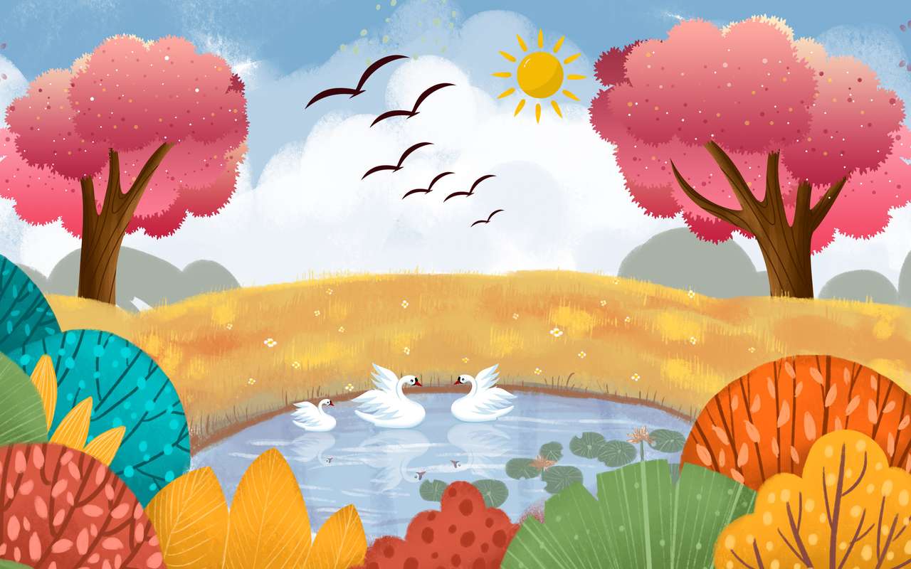 Malovaný rybník s labutěmi, barevné stromy, jasné slunce na obloze skládačky online