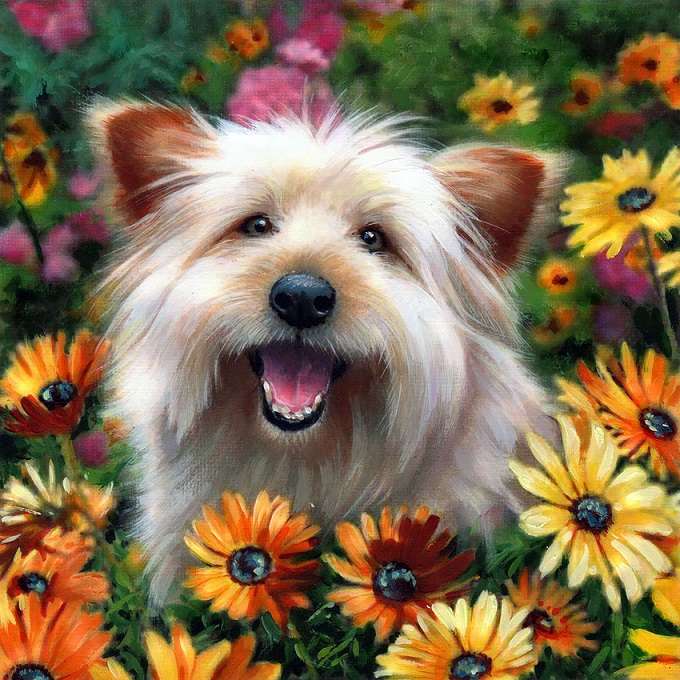 perrito guapo entre flores rompecabezas en línea