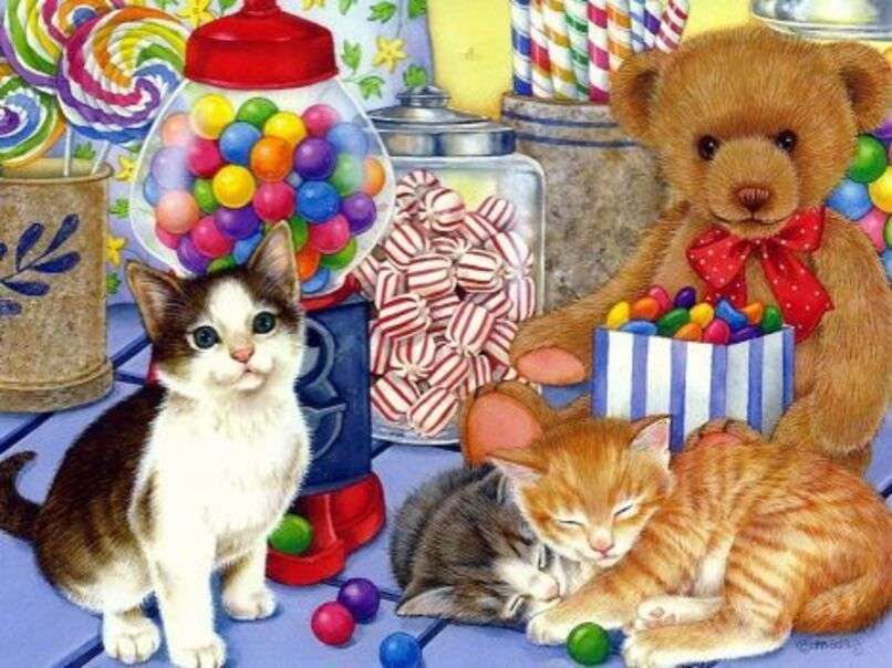 Kätzchen kümmert sich um die Süßigkeiten und ihre kleinen Brüder Puzzlespiel online