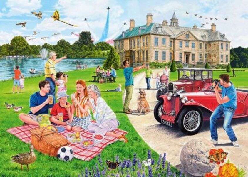 Picknickmensen in de buurt van meer en kasteel online puzzel