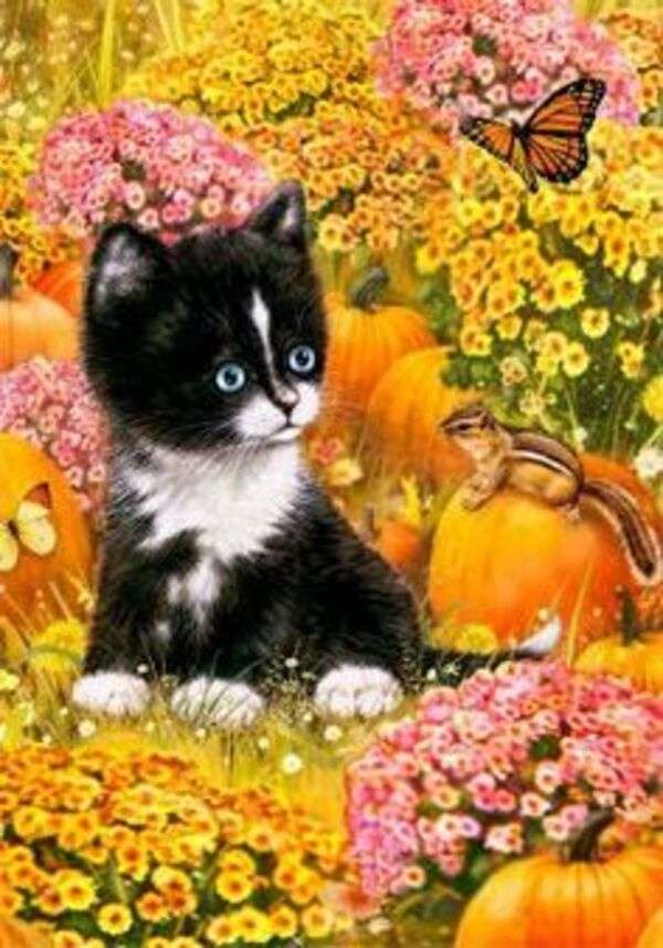 Милий кошеня серед гарбузів, квітів і маленької білочки пазл онлайн