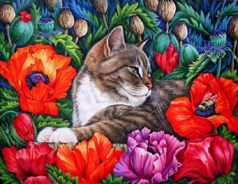 kočka mezi květinami skládačky online