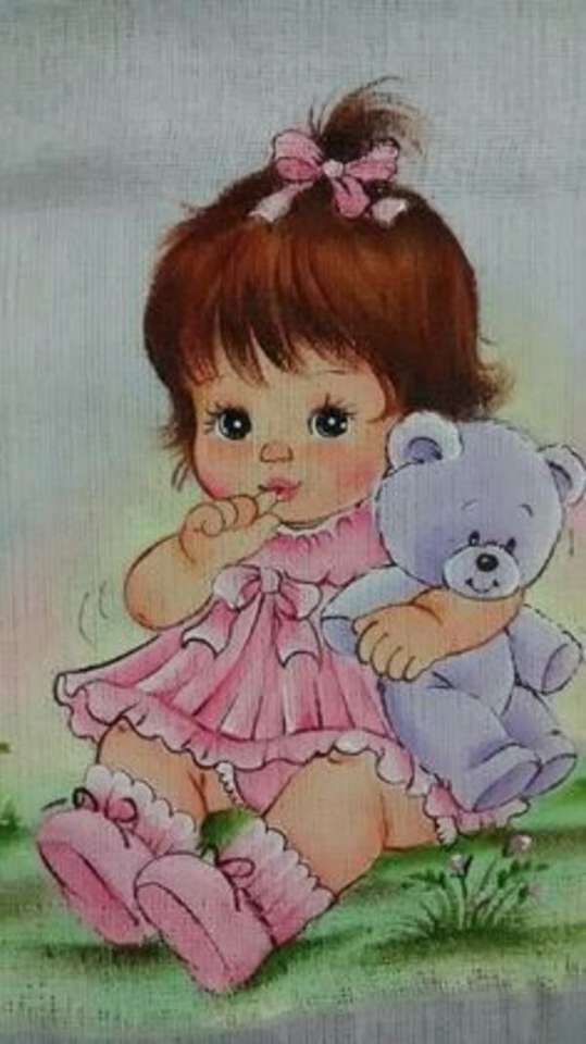 Schattige babymeisje met haar teddybeer online puzzel
