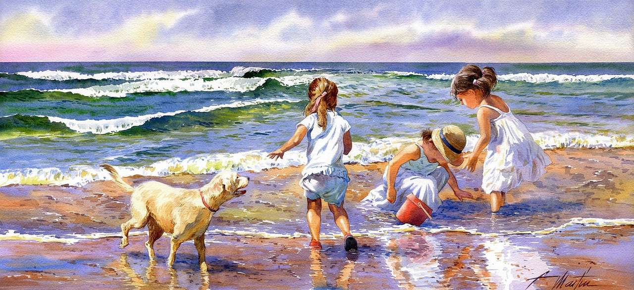 Children's games on the shore - Watercolor jigsaw puzzle online