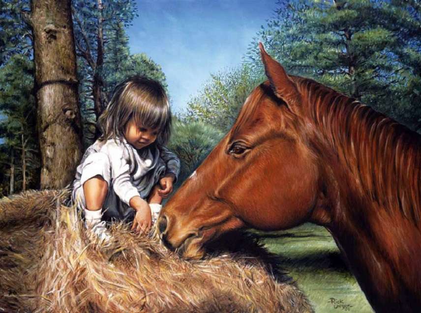 девушка кормит лошадь онлайн-пазл