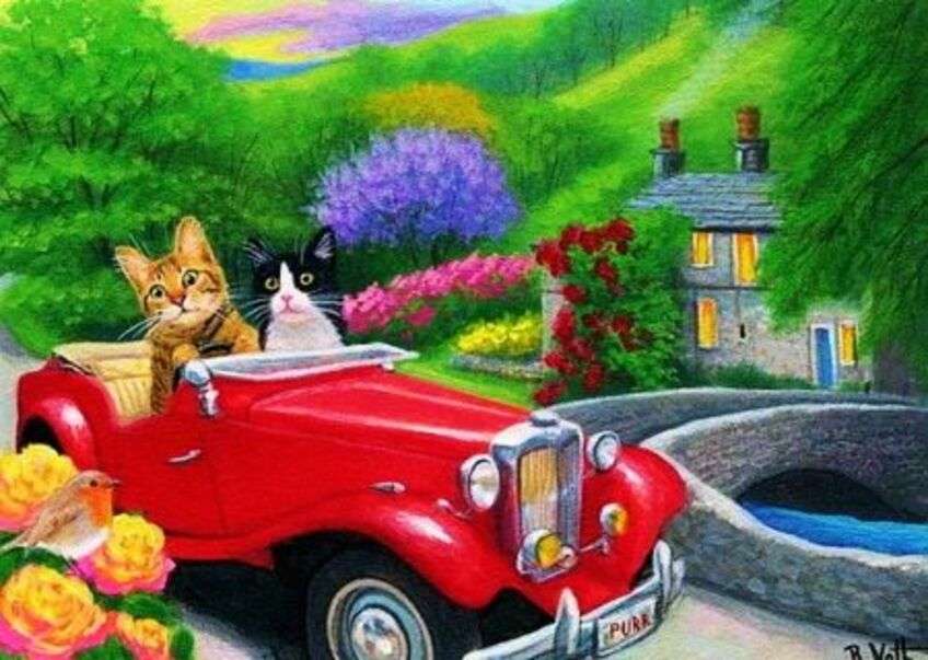 Les chatons vont faire un tour dans une jolie voiture puzzle en ligne
