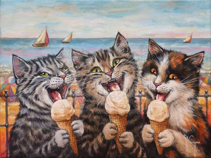 Três gatinhos desfrutando de seus cones puzzle online