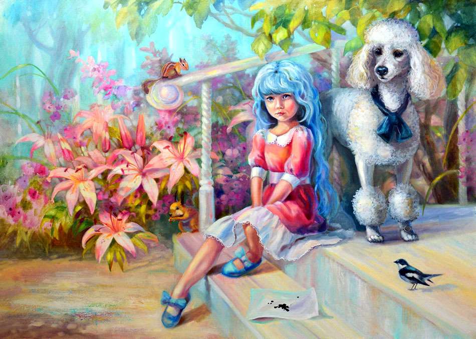 синя коса момиче с кученце онлайн пъзел