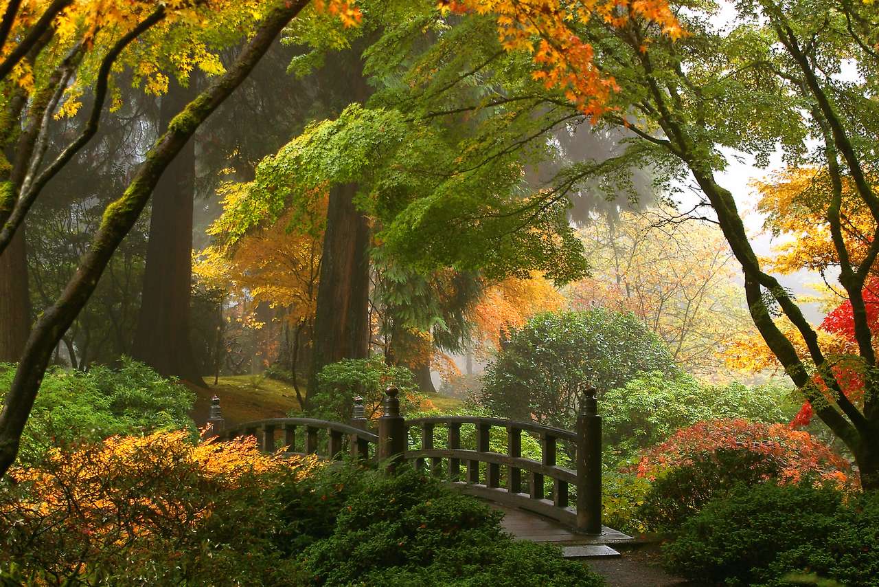 Nebel und Herbstlaub in den japanischen Gärten Online-Puzzle