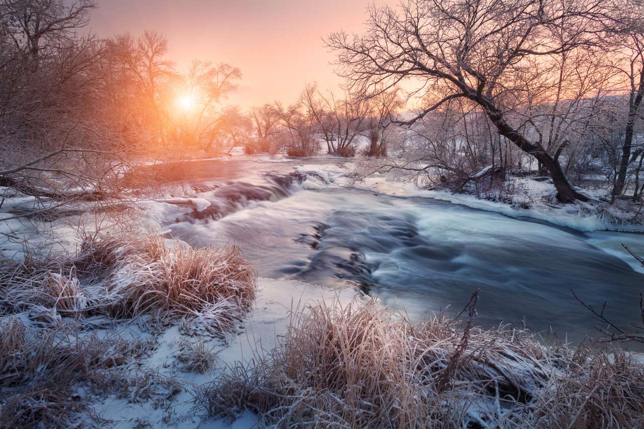 Зимний пейзаж с заснеженными деревьями пазл онлайн