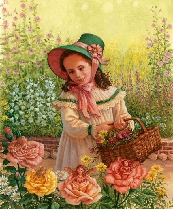Vacker liten flicka som samlar blommor Pussel online