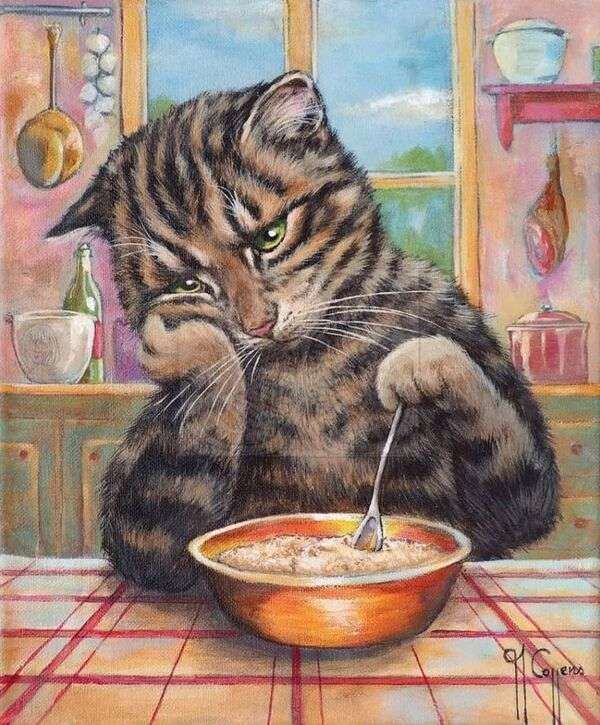 Znuděná kočička nechce jeho polévku online puzzle