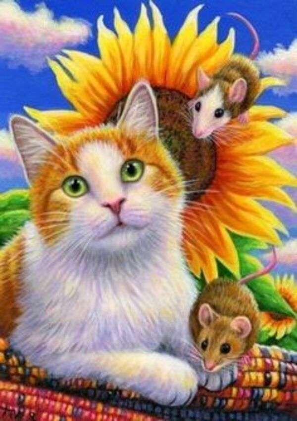 Kitten met twee kleine muisjes naast zonnebloem legpuzzel online