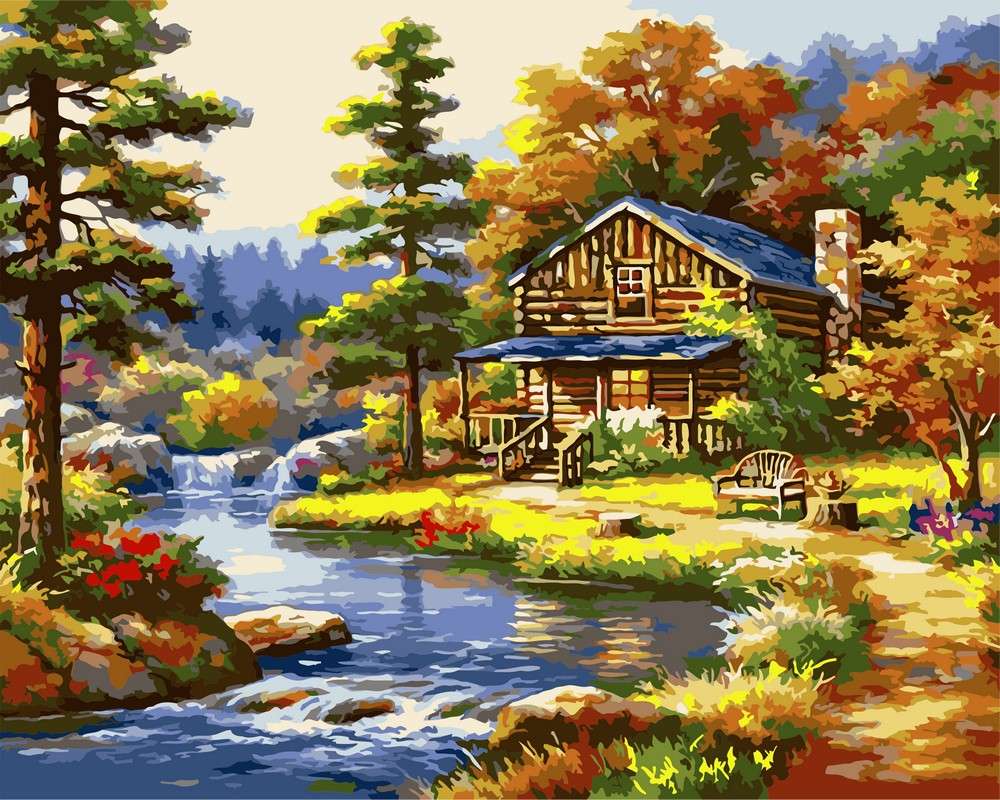 Řeka, dům - malovaný obraz online puzzle
